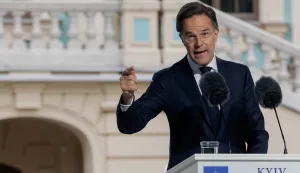 NATO Secretary General Mark Rutte addresses media representatives alongside Ukraine's President at a press conference in Kyiv on June 3, 2026, amid the Russian invasion of Ukraine. (Photo by Tetiana DZHAFAROVA/AFP)