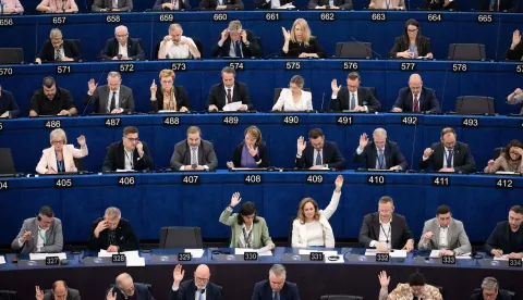 Members of the European Parliament vote during a plenary session at the European Parliament in Strasbourg, eastern France, on April 29, 2026. (Photo by SEBASTIEN BOZON/AFP)