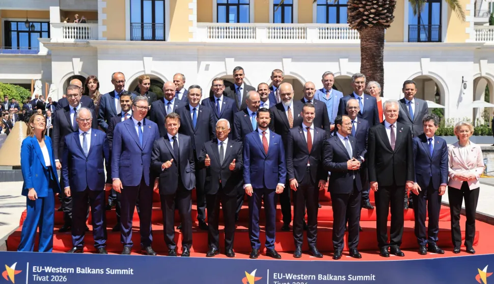 Heads of state pose for the family picture after the plenary session of the EU-Western Balkans Summit at Porto Montenegro in Tivat on June 5, 2026. The summit brings together leaders from EU member states and the six Western Balkans partners to discuss enlargement and gradual integration into the EU single market. (Photo by Ludovic MARIN/AFP)