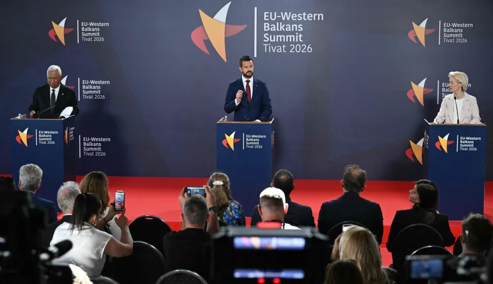 Montenegrin President Jakov Milatovic (C), European Commission President Ursula von der Leyen (R) and European Council President Antonio Costa (L) give a press conference a press conference during an EU-Western Balkans Summit at Porto Montenegro in Tivat on June 5, 2026. (Photo by SAVO PRELEVIC/AFP)