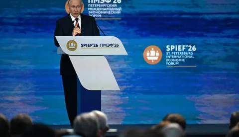 Russian President Vladimir Putin delivers a speech during the plenary session of the St. Petersburg International Economic Forum (SPIEF) in Saint Petersburg on June 5, 2026. (Photo by OLGA MALTSEVA/AFP)