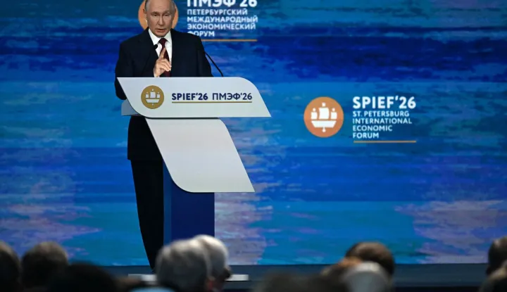 Russian President Vladimir Putin delivers a speech during the plenary session of the St. Petersburg International Economic Forum (SPIEF) in Saint Petersburg on June 5, 2026. (Photo by OLGA MALTSEVA/AFP)