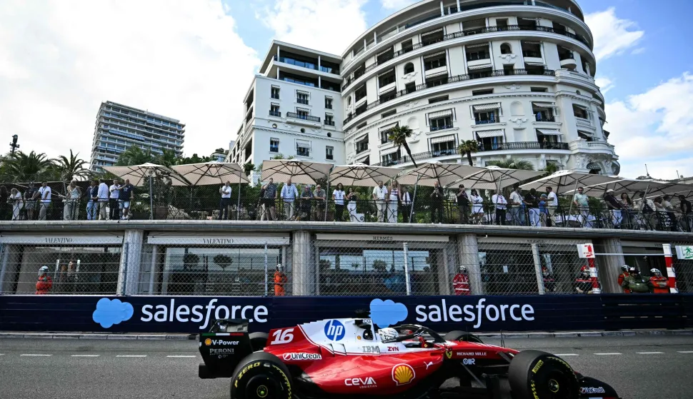 Ferrari's Monegasque driver Charles Leclerc takes part in the second practice session at the Monaco street circuit in Monaco, ahead of the Monaco Formula 1 Grand Prix, on June 5, 2026. (Photo by Gabriel BOUYS/AFP)