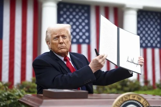 US President Donald Trump holds up a signed executive order implementing new reciprocal tariffs against US trading partners in the Rose Garden of the White House in Washington, DC, USA, 02 April 2025. Trump has branded the day 'Liberation Day', though most economists expect US consumers to foot the costs.Credit: Jim LoScalzo/ Pool via CNP/AdMedia Photo: CNP/AdMedia/NEWSCOM