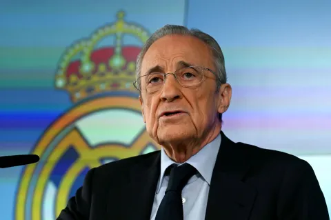 Real Madrid President Florentino Perez talks to media at Real Madrid Sports City in Valdebebas, in the outskirts of Madrid, on May 12, 2026. (Photo by JAVIER SORIANO/AFP)