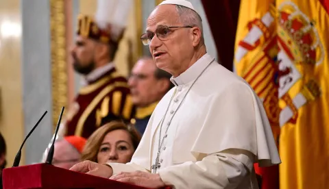 Pope Leo XIV delivers a speech during a joint session of the Spanish Parliament at the Congress of Deputies in Madrid on June 8, 2026. Pope Leo XIV is visiting Spain June 6-12 with stops in Madrid, Barcelona, and the Canary Islands, where he will meet with migrants and organisations dedicated to helping them. (Photo by Stefano RELLANDINI/AFP)