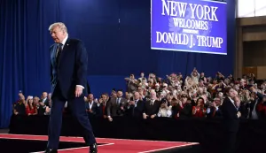 US President Donald Trump walks on the stage before speaking on the economy at Rockland Community College Fieldhouse in Suffern, New York, on May 22, 2026. Trump is the first sitting president to visit the northern New York City suburbs since Gerald Ford in 1976. (Photo by Brendan SMIALOWSKI/AFP)