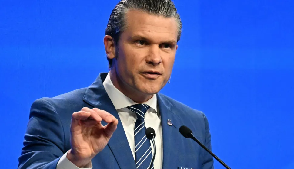 (FILES) US Secretary of Defense Pete Hegseth delivers an address at the Shangri-La Dialogue Summit in Singapore on May 31, 2025. The evolving relationship between Washington and Beijing will take centre stage this weekend as Asia's top defence summit opens in Singapore on May 29, 2026, against the backdrop of a fragile stalemate in the US-Iran war and fresh uncertainties over Taiwan. (Photo by MOHD RASFAN/AFP)