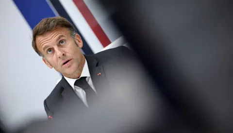 France's President Emmanuel Macron chairs a videoconference meeting dubbed "Global Convergence for Growth Summit" with officials and head of states from China and G7 members states, at the Elysee Presidential Palace in Paris on June 11, 2026. (Photo by SIMON WOHLFAHRT/POOL/AFP)