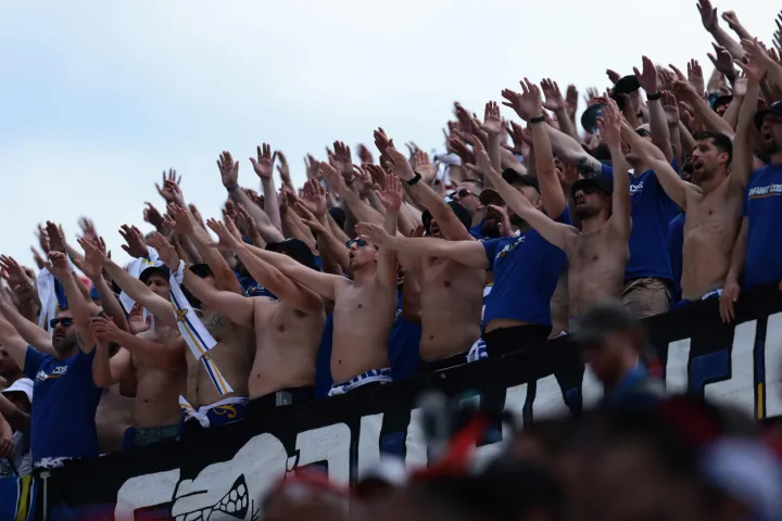 Bosnia and Herzegonvina's supporters cheer their team during the 2026 World Cup Group B football match between Canada and Bosnia and Herzegovina at the Toronto Stadium in Toronto on June 12, 2026. (Photo by Cole Burston/AFP)