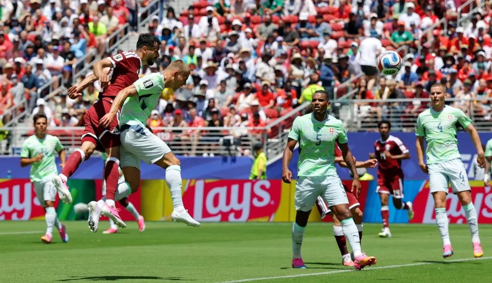 Soccer Football - FIFA World Cup 2026 - Group B - Qatar v Switzerland - San Francisco Bay Area Stadium, Santa Clara, California, U.S. - June 13, 2026 Qatar's Boualem Khoukhi scores their first goal REUTERS/Carlos Barria Photo: CARLOS BARRIA/REUTERS