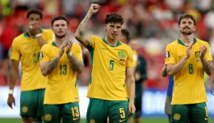 VANCOUVER, BRITISH COLUMBIA - JUNE 13: Jordan Bos #5 and players of Australia applaud fans after the team's 2-0 victory in the FIFA World Cup 2026 Group D match between Australia and T?rkiye at BC Place Vancouver on June 13, 2026 in Vancouver, British Columbia. Dean Mouhtaropoulos/Getty Images/AFP (Photo by Dean Mouhtaropoulos/GETTY IMAGES NORTH AMERICA/Getty Images via AFP)