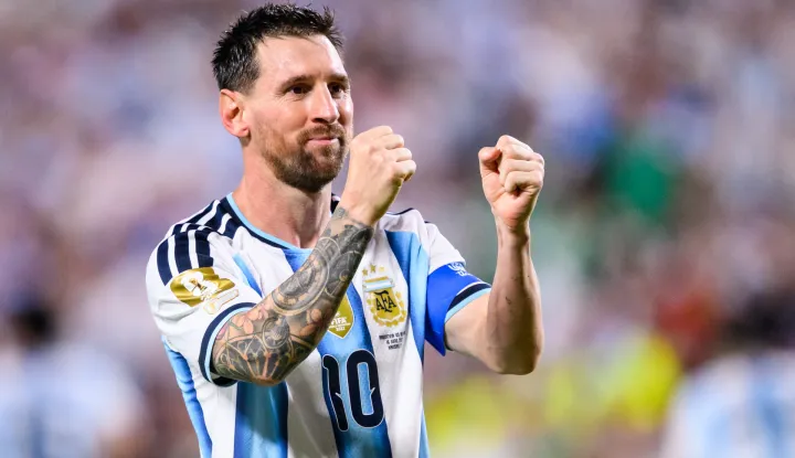 16 June 2026, USA, Kansas City: Soccer, Men: World Cup, Argentina vs. Algeria, Preliminary Round, Group J, Matchday 1, Kansas City Stadium, Lionel Messi (Argentina) celebrates after scoring the goal that made it 3-0. Photo: Tom Weller/dpa Photo: Tom Weller/DPA