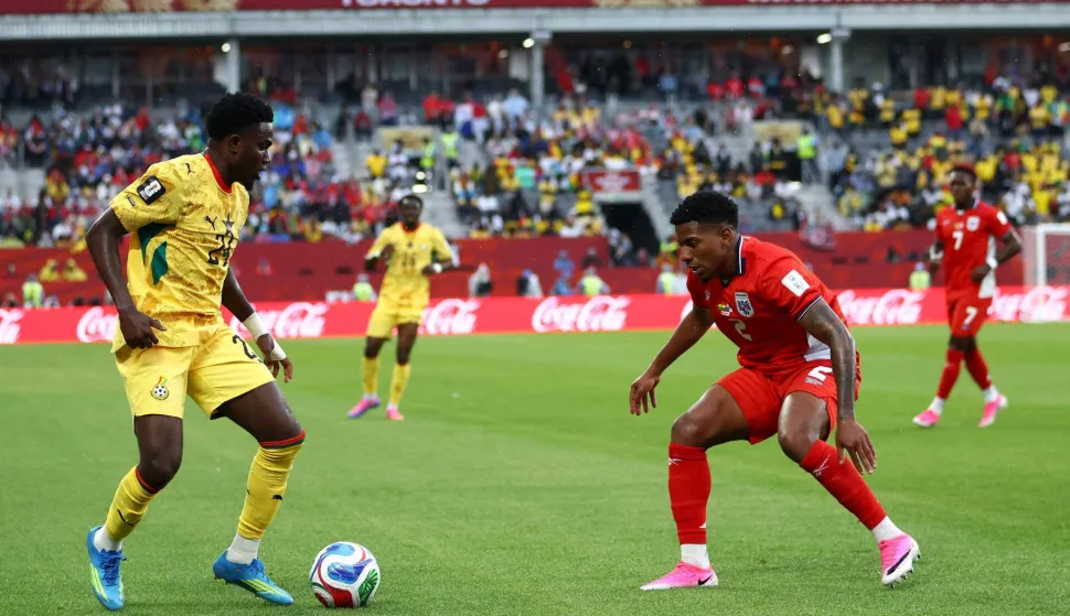 Ghana's midfielder #24 Ernest Nuamah and Panama's defender #02 Cesar Blackman fight for the ball during the 2026 World Cup Group L football match between Ghana and Panama at the Toronto Stadium in Toronto on June 17, 2026. (Photo by Cole Burston/AFP)