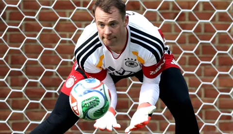 WINSTON-SALEM, NORTH CAROLINA - JUNE 08: Manuel Neuer of Team Germany safes the ball during a Team Germany training session at W. Dennie Spry Soccer Stadium on June 08, 2026 in Winston-Salem, North Carolina. Alexander Hassenstein/Getty Images/AFP (Photo by ALEXANDER HASSENSTEIN/GETTY IMAGES NORTH AMERICA/Getty Images via AFP)