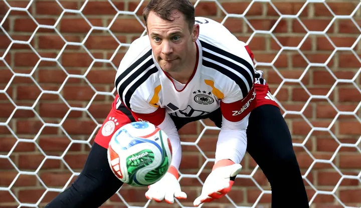 WINSTON-SALEM, NORTH CAROLINA - JUNE 08: Manuel Neuer of Team Germany safes the ball during a Team Germany training session at W. Dennie Spry Soccer Stadium on June 08, 2026 in Winston-Salem, North Carolina. Alexander Hassenstein/Getty Images/AFP (Photo by ALEXANDER HASSENSTEIN/GETTY IMAGES NORTH AMERICA/Getty Images via AFP)