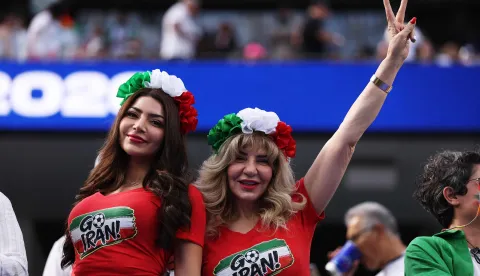 LOS ANGELES, CALIFORNIA - JUNE 15: Fans of IR Iran enjoy the atmosphere before the FIFA World Cup 2026 Group G match between IR Iran and New Zealand at Los Angeles Stadium on June 15, 2026 in Los Angeles, California. Richard Heathcote/Getty Images/AFP (Photo by Richard HEATHCOTE/GETTY IMAGES NORTH AMERICA/Getty Images via AFP)