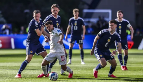 Lewis FERGUSON, Scott McTOMINAY, Kieran TIERNEY of Scotland and Brahim DIAZ of Morocco during the FIFA World Cup 2026, Group C match between Scotland and Morocco at Gillette Stadium on June 19, 2026 in Foxborough, United States. (Photo by Johnny Fidelin/Icon Sport/Sipa USA) Photo: Icon Sport/SIPA USA