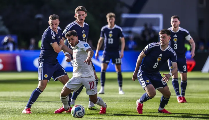 Lewis FERGUSON, Scott McTOMINAY, Kieran TIERNEY of Scotland and Brahim DIAZ of Morocco during the FIFA World Cup 2026, Group C match between Scotland and Morocco at Gillette Stadium on June 19, 2026 in Foxborough, United States. (Photo by Johnny Fidelin/Icon Sport/Sipa USA) Photo: Icon Sport/SIPA USA