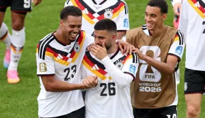 TORONTO, ONTARIO - JUNE 20: Felix Nmecha #23, Deniz Undav #26 and Jamal Musiala #10 of Germany celebrates the team's 2-1 victory in the FIFA World Cup 2026 Group E match between Germany and Cote D'Ivoire at Toronto Stadium on June 20, 2026 in Toronto, Ontario. Megan Briggs/Getty Images/AFP (Photo by Megan Briggs/GETTY IMAGES NORTH AMERICA/Getty Images via AFP)