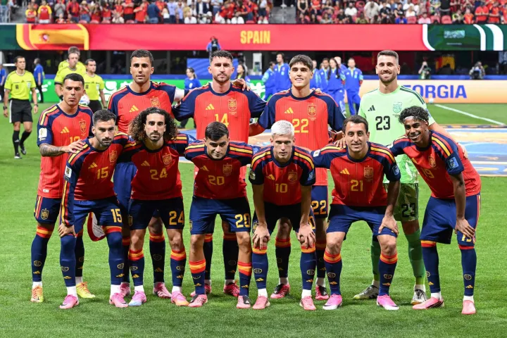 (From L-R) Spain's defender #12 Pedro Porro, Spain's midfielder #16 Rodri, Spain's defender #14 Aymeric Laporte, Spain's defender #22 Pau Cubarsi, Spain's goalkeeper #23 Unai Simon, (bottom L-R) Spain's midfielder #15 Alex Baena, Spain's defender #24 Marc Cucurella, Spain's midfielder #20 Pedri, Spain's forward #10 Dani Olmo, Spain's forward #21 Mikel Oyarzabal and Spain's forward #19 Lamine Yamal pose prior to the 2026 World Cup Group H football match between Spain and Saudi Arabia at the Atlanta Stadium in Atlanta on June 21, 2026. (Photo by ROBERTO SCHMIDT/AFP)