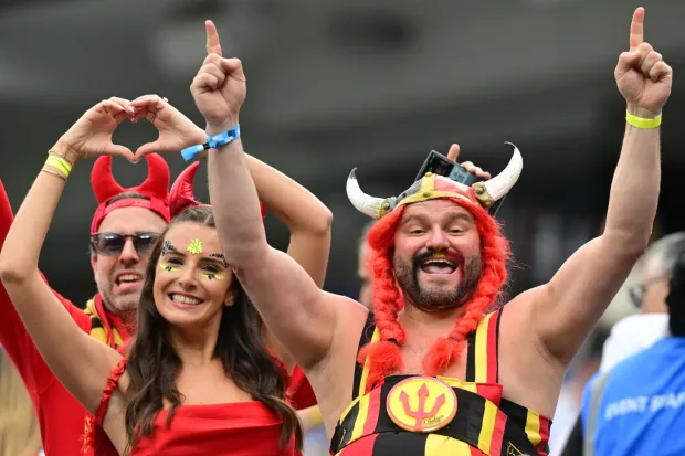 Belgian fans cheer for their team ahead of the 2026 World Cup Group G football match between Belgium and Iran at the Los Angeles Stadium in Inglewood on June 21, 2026. (Photo by Frederic J. Brown/AFP)