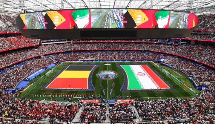 INGLEWOOD, CALIFORNIA - JUNE 21: General view before the FIFA World Cup 2026 Group G match between Belgium and IR Iran at Los Angeles Stadium on June 21, 2026 in Inglewood, California. Dean Mouhtaropoulos/Getty Images/AFP (Photo by Dean Mouhtaropoulos/GETTY IMAGES NORTH AMERICA/Getty Images via AFP)
