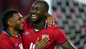 Panama's forward #18 Cecilio Waterman (R) celebrates scoring his team's third goal with teammatemidfielder #19 Alberto Quintero (L) during the international friendly football match between Panama and Dominican Republic at the Rommel Fernandez Gutierrez Stadium in Panama City on June 3, 2026. (Photo by ARNULFO FRANCO/AFP)