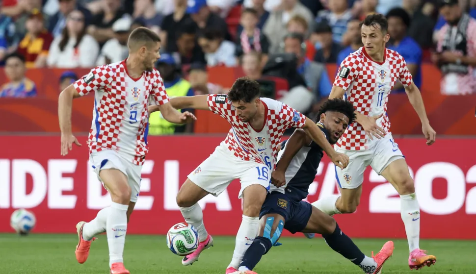 Toronto, 24.06.2026 - Utakmica drugog kola skupine L Svjetskog nogometnog prvenstva, Panama - Hrvatska na BMO Field stadionu u Torontu. Na slici Martin Baturina, Ante Budimir, Andrej Kramarić, Carlos Harvey.foto HINA/ Daniel KASAP/ ds