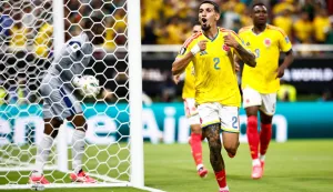 Colombia's defender #02 Daniel Munoz celebrates scoring his team's first goal during the 2026 World Cup Group K football match between Colombia and Democratic Republic of Congo at the Guadalajara Stadium in Zapopan on June 23, 2026. (Photo by Ulises RUIZ/AFP)