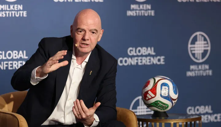 (FILES) FIFA President Gianni Infantino speaks during the 29th annual Milken Institute Global Conference at the Beverly Hilton in Beverly Hills, California on May 5, 2026. The World Cup kicks off on June 11 with FIFA betting that the enduring appeal of the greatest footballing show on earth can rise above anger at soaring ticket prices, an uneasy political climate in Donald Trump's America and the shadow of conflict in the Middle East.A record 48 teams and millions of fans are set to descend on the United States, Canada and Mexico for the first ever World Cup co-hosted by three nations, the largest and most logistically complex edition of the tournament ever staged. The action gets under way at Mexico City's iconic Estadio Azteca on June 11, with co-hosts Mexico taking on South Africa at 3:00 pm local time (1900 GMT), launching a sprawling, nearly six-week-long spectacle that will culminate in the final at New Jersey's 82,500-seat MetLife Stadium on July 19. (Photo by Patrick T. Fallon/AFP)