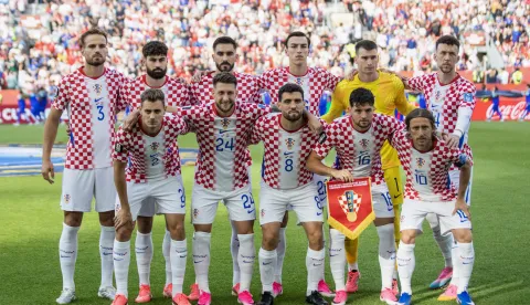 Toronto, 24.06.2026 - Utakmica drugog kola skupine L Svjetskog nogometnog prvenstva, Panama - Hrvatska na BMO Field stadionu u Torontu. Na slici početna postava Hrvatske nogometne reprezentacije, Marin Pongračić, Jo&scaron;ko Gvardiol, Josip &Scaron;utalo, Petar Musa, Dominik Livaković, Ivan Peri&scaron;ić, Josip Stani&scaron;ić, Marco Pa&scaron;alić, Mateo Kovačić, Martin Baturina, Luka Modrić.foto HINA/ Daniel KASAP/ ds