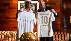 Brazilian football legend Ronaldinho poses with Ravenna FC president Ignazio Cipriani during an event marking his presentation as ambassador and strategic partner of the Italian club in Miami, Florida, on June 23, 2026. (Photo by CHANDAN KHANNA/AFP)
