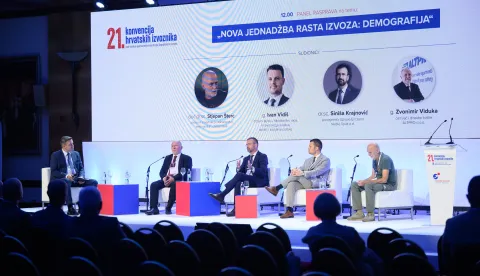 24.06.2026., Zagreb - Proslava 21. konvencije Hrvatskih izvoznika i 19. dodjela nagrada "Zlatni kljuc" u hotelu The Westin. Panel: Nova jednadzba rasta izvoza: Demografija. Zvonimir Viduka, Sinisa Krajnovic, Ivan Vidis, Stjepan Sterc. Photo: Davor Puklavec/PIXSELL