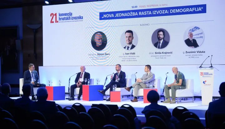 24.06.2026., Zagreb - Proslava 21. konvencije Hrvatskih izvoznika i 19. dodjela nagrada "Zlatni kljuc" u hotelu The Westin. Panel: Nova jednadzba rasta izvoza: Demografija. Zvonimir Viduka, Sinisa Krajnovic, Ivan Vidis, Stjepan Sterc. Photo: Davor Puklavec/PIXSELL