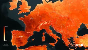 A photo created on June 24, 2026 combining sources from EDO, Nasa, Jaxa, Gebco, OSM shows a map of Europe as a heatwave is scorching the continent, exceeding some scientific projections. The heatwave scorching Europe has exceeded some scientific projections, the head of the UN's climate experts panel said on June 24, 2026, warning that the continent would inevitably face more extremes as the planet warms. (Photo by Sabrina BLANCHARD and Sylvie HUSSON/AFP)