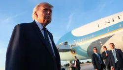 VERSAILLES, FRANCE - JUNE 17: U.S. President Donald Trump walks to speak to reporters as he arrives at Orly Airport to attend a dinner with French President Emmanuel Macron at Chateau de Versailles on June 17, 2026 in Orly, France. The dinner followed the conclusion of this week's Group of 7 (G7) summit in Evian, France. Anna Moneymaker/Getty Images/AFP (Photo by Anna Moneymaker/GETTY IMAGES NORTH AMERICA/Getty Images via AFP)