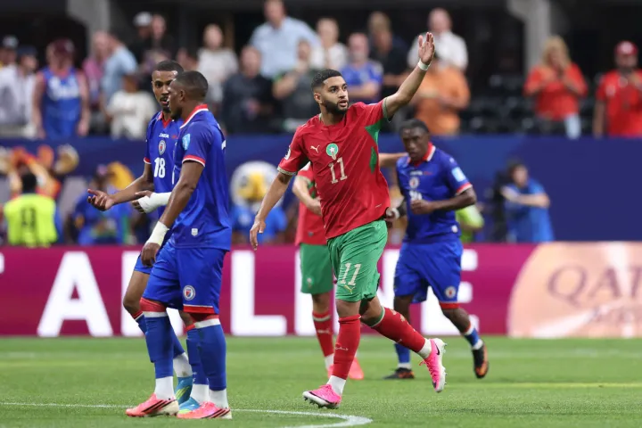 ATLANTA, GEORGIA - JUNE 24: Ismael Saibari #11 of Morocco celebrates after scoring his team's second goal during the FIFA World Cup 2026 Group C match between Morocco and Haiti at Atlanta Stadium on June 24, 2026 in Atlanta, Georgia. Kevin C. Cox/Getty Images/AFP (Photo by Kevin C. Cox/GETTY IMAGES NORTH AMERICA/Getty Images via AFP)