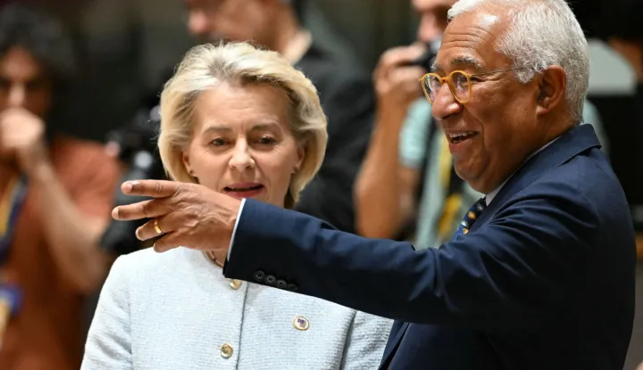 European Commission President Ursula von der Leyen and European Council President Antonio Costa arrives to attend a round table meeting during the EU Summit at the EU headquarters in Brussels, on June 18, 2026. (Photo by NICOLAS TUCAT/AFP)