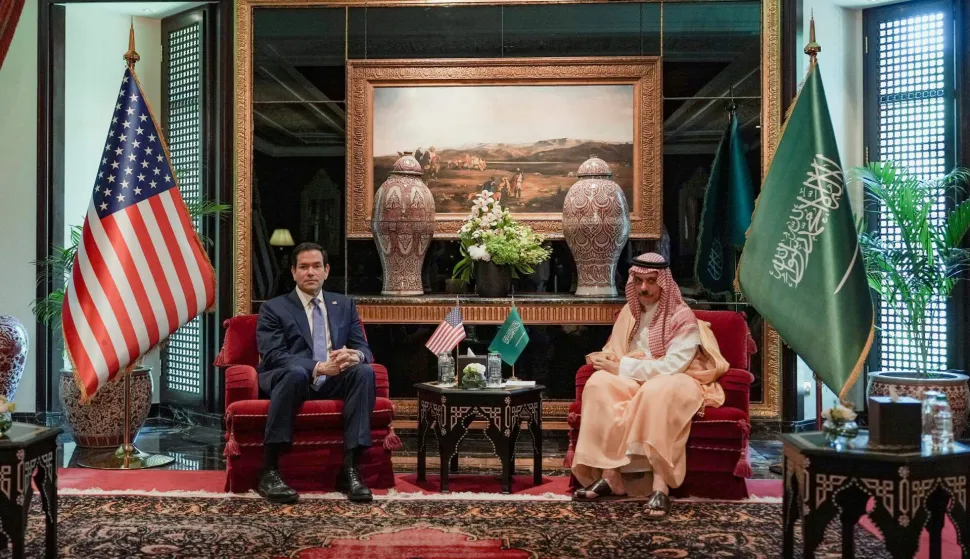 US Secretary of State Marco Rubio (L) meets Saudi Foreign Minister Faisal bin Farhan al-Saud during his visit to the Middle East to discuss the interim deal between the US and Iran with Arab Gulf allies, in Manama on June 25, 2026. Top US diplomat Marco Rubio was in Bahrain on June 25, after promising Gulf allies that Washington would protect their interests as it seeks to hammer out a final settlement to end the war with Iran. Rubio is on a regional tour to reassure the Gulf states, which were targeted by Tehran's missiles and drones during the conflict and saw their crucial oil and gas shipments effectively cut off by an Iranian blockade of the Strait of Hormuz. (Photo by Eric Lee/POOL/AFP)