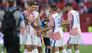 Toronto, 24.06.2026 - Utakmica drugog kola skupine L Svjetskog nogometnog prvenstva, Panama - Hrvatska na BMO Field stadionu u Torontu. Na slici hrvatski igrači Josip Stani&scaron;ić, Andrej Kramarić, Ante Budimir slave pobjedu nad Panamom rezultatom 1-0.foto HINA/ Daniel KASAP/ ds