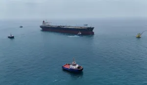 FILE PHOTO: Drone view of oil tanker HELGA berthed at one of Iraq's southern offshore oil terminals near Basra as it prepares to load crude oil, becoming the second vessel to arrive since the closure of the Strait of Hormuz, April 24, 2026. REUTERS/Mohammed Aty/File Photo Photo: MOHAMMED ATY/REUTERS