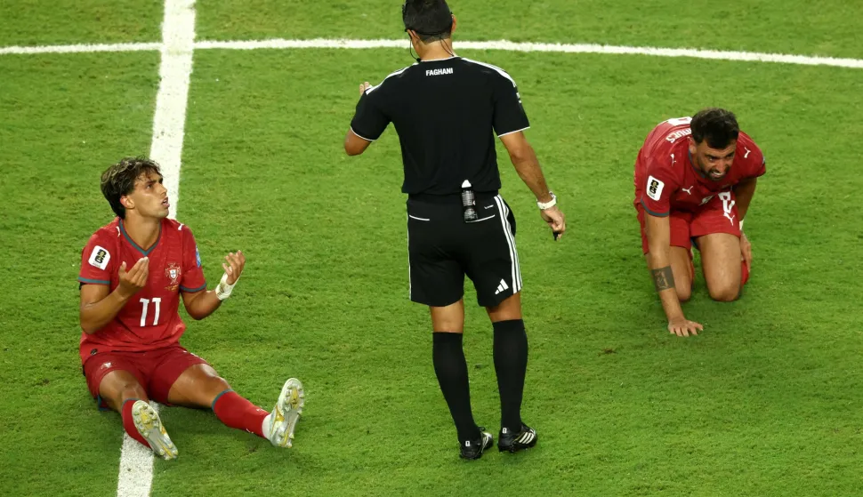 MIAMI GARDENS, FLORIDA - JUNE 27: Joao Felix #11 of Portugal speaks to referee Alireza Faghani during the FIFA World Cup 2026 Group K match between Colombia and Portugal at Miami Stadium on June 27, 2026 in Miami Gardens, Florida. Megan Briggs/Getty Images/AFP (Photo by Megan Briggs/GETTY IMAGES NORTH AMERICA/Getty Images via AFP)