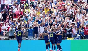 SEATTLE, WASHINGTON - JUNE 24: Bosnia and Herzegovina players celebrate after an own goal by Sultan Albrake #18 of Qatar for the team?s second goal during the FIFA World Cup 2026 Group B match between Bosnia and Herzegovina and Qatar at Seattle Stadium on June 24, 2026 in Seattle, Washington. Richard Heathcote/Getty Images/AFP (Photo by Richard HEATHCOTE/GETTY IMAGES NORTH AMERICA/Getty Images via AFP)