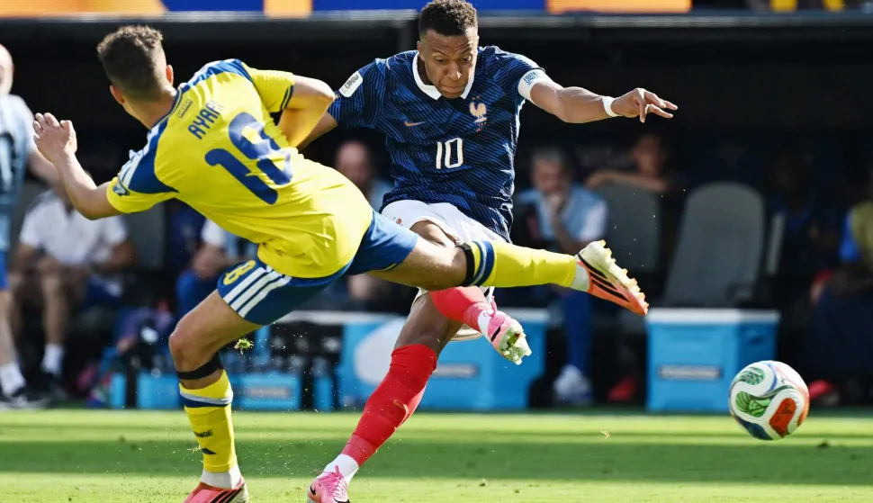 France's forward #10 Kylian Mbappe kicks the ball during the 2026 World Cup round of 32 football match between France and Sweden at the New York/New Jersey Stadium in East Rutherford on June 30, 2026. (Photo by Jewel SAMAD/AFP)