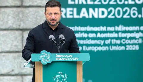 Ukraine's President Volodymyr Zelensky speaks during a formal ceremony to mark the launch of Ireland?s eighth EU presidency, at Dublin Castle in Dublin on July 1, 2026. Ireland takes on the rotating EU presidency for a six-month period from July 1. (Photo by Paul Faith/AFP)