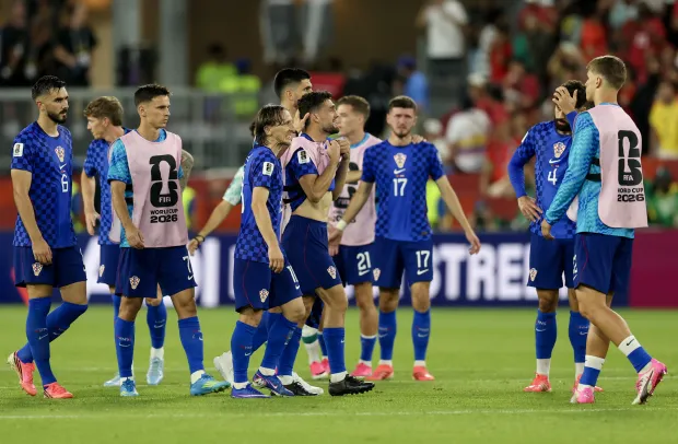 Torongo, 03.07.2026 - Utakmica 1/16 finala Svjetskog nogometnog prvenstva Portugal - Hrvatska u Torontu. Na slici hrvatski igrači Luka Modrić, Mateo Kovačić, Luka Sučić, Petar Sučić, Jo&scaron;ko Gvardiol, Josip &Scaron;utalo na kraju utakmice.foto HINA/ Daniel KASAP/ ds