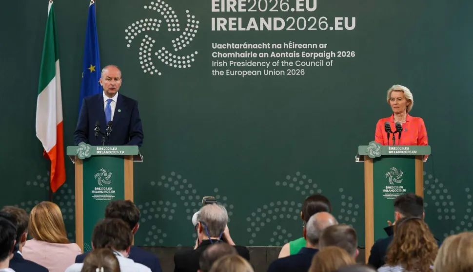 European Commission President Ursula von der Leyen (R) and Ireland's Prime Minister Micheal Martin (L) take part in a joint press conference during meetings at University College Cork (UCC) in Cork, Ireland on July 3, 2026, as Ireland take on the rotating EU presidency for a six-month period. (Photo by Paul Faith/AFP)