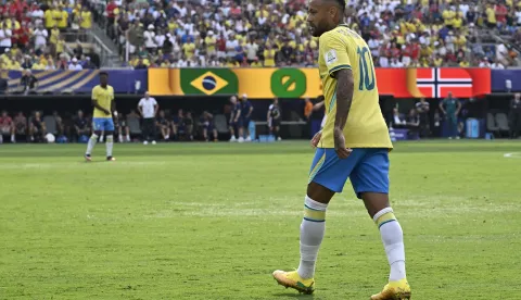 Brazil forward Neymar (10) on the pitch during the Brazil vs. Norway Round 16 FIFA World Cup 2026 match, at MetLife Stadium, East Rutherford, NJ, July 5, 2026. Norway defeated Brazil with a score 2 -1. (Photo by Anthony Behar/Sipa USA) Photo: Anthony Behar/SIPA USA