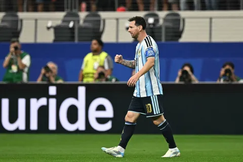 Argentina's forward #10 Lionel Messi celebrates after scoring the opening goal during the 2026 World Cup Group J football match between Argentina and Austria at the Dallas Stadium in Arlington on June 22, 2026. (Photo by Paul ELLIS/AFP)